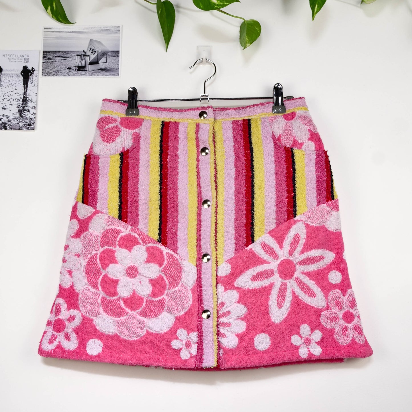Jupe en éponge vintage - Rose à rayure et fleur  T40