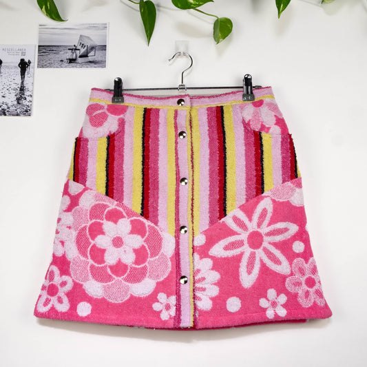 Jupe en éponge vintage - Rose à rayure et fleur  T40