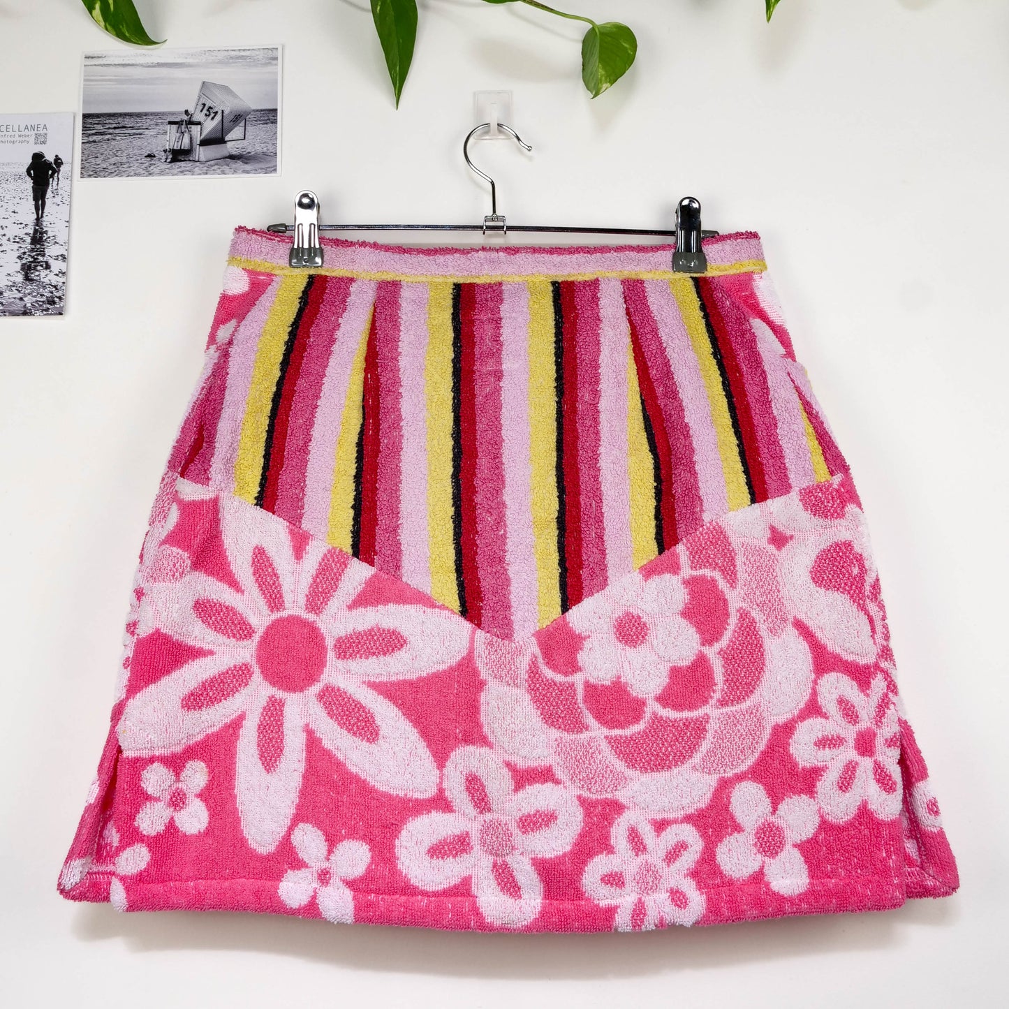 Jupe en éponge vintage - Rose à rayure et fleur  T40