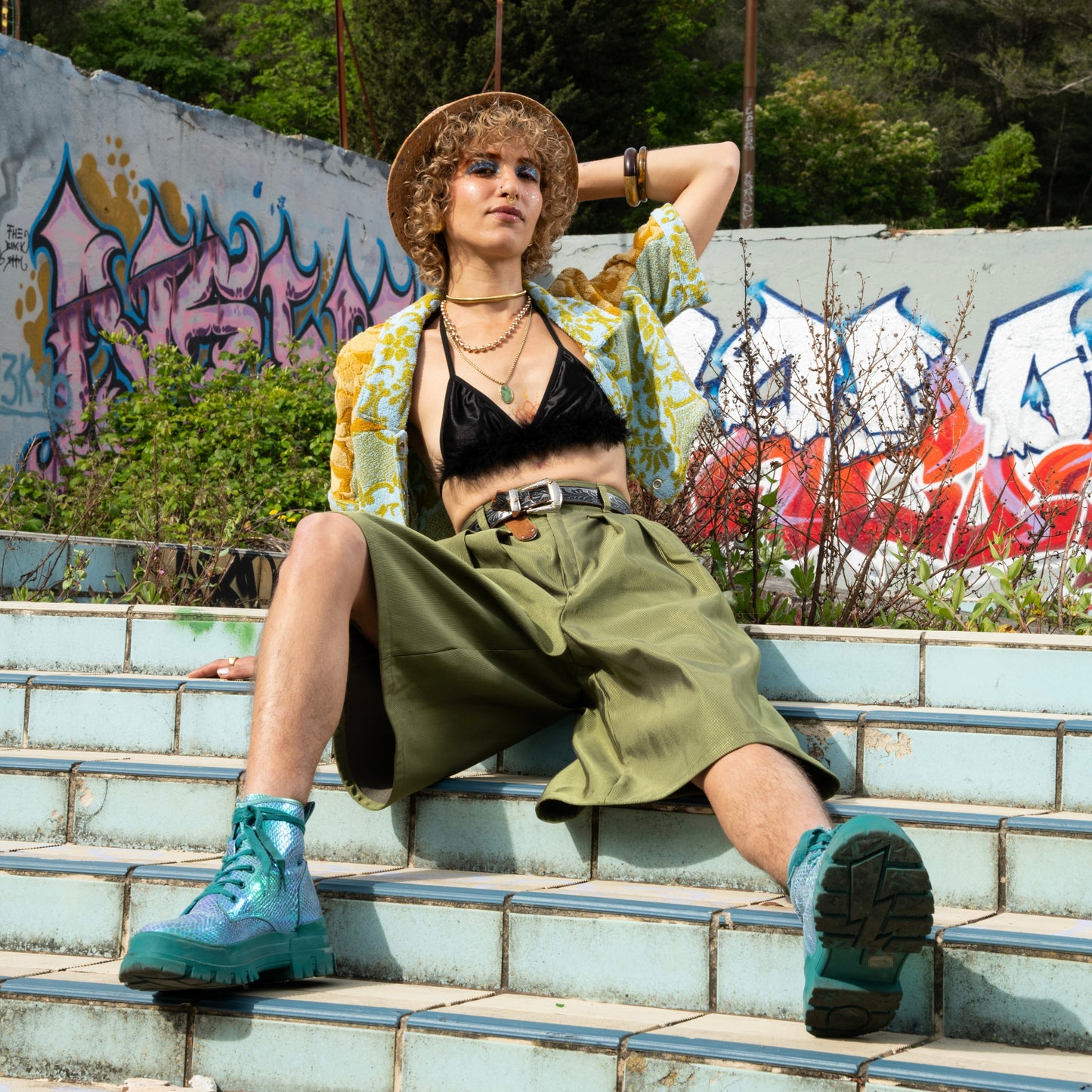 Chemise en éponge vintage - Vert et orange à carreaux T40
